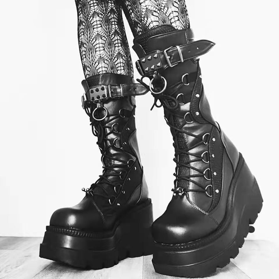 Lace-Up Combat Boot Motorcycle Black Bucke Chunky Boots For Women Winter Shoes