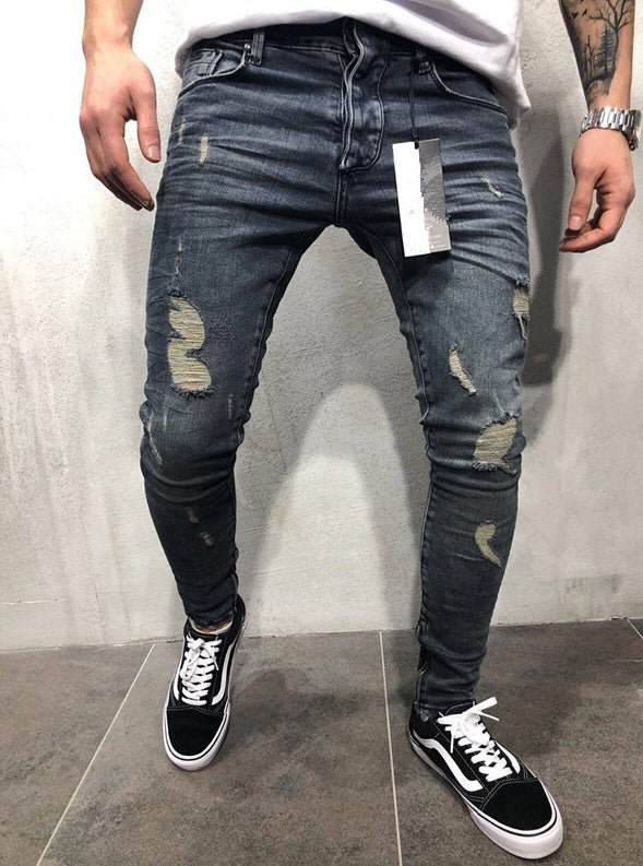 Customized models Europe and the United States high street tide men's hole jeans stretch large size pants slim pants Biker jeans