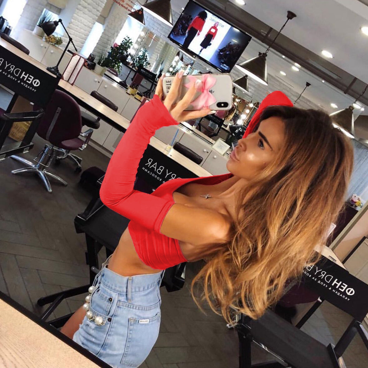 Sexy Navel Long Sleeve Crop Top Off Shoulder Ladies Blouse