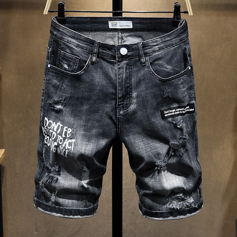 Summer Fashion Brand Worn Out Denim Shorts Youth Handsome 5-point Denim Small Straight Breeches Men"s Denim Pants