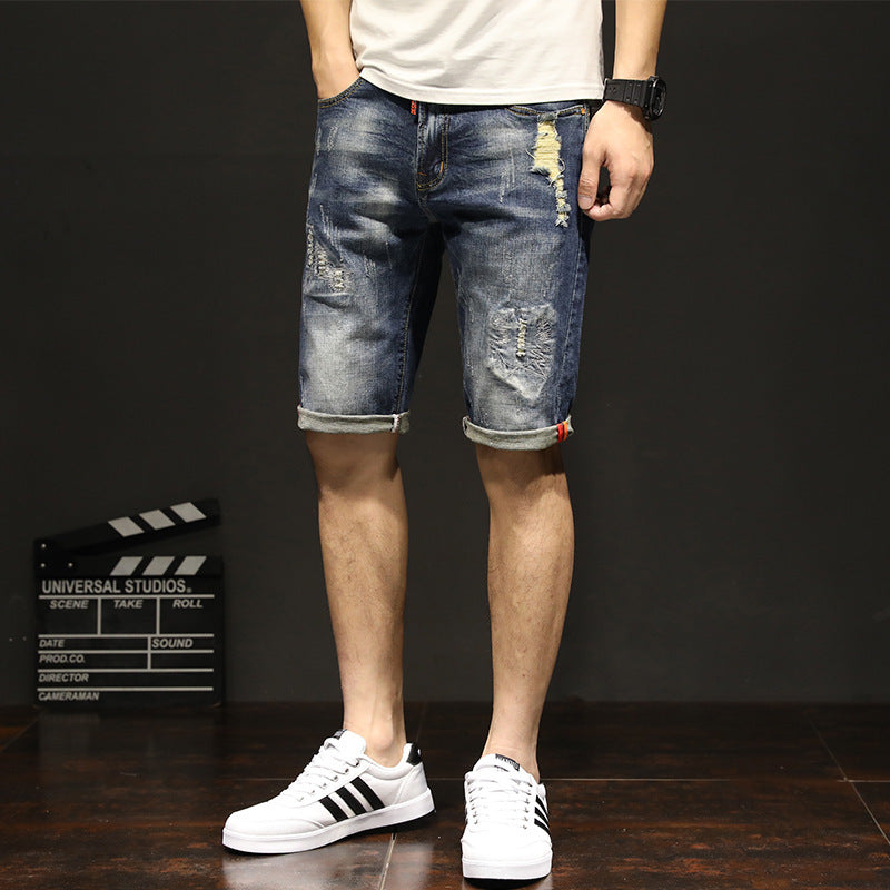 New Elastic Pants Summer Men''s Casual Jeans Korean Fashion Hole Cat Beard Straight Pants