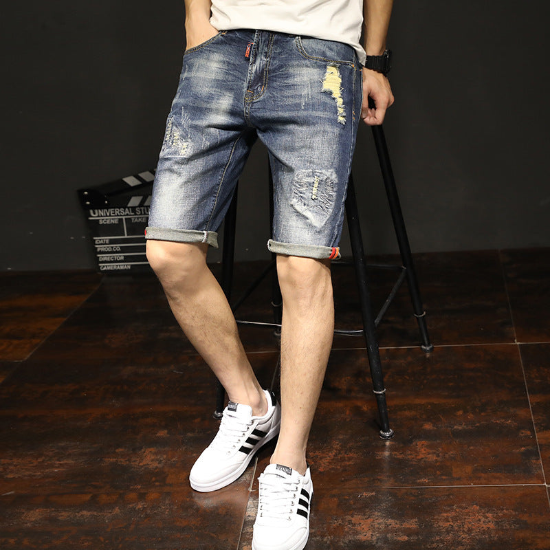 New Elastic Pants Summer Men''s Casual Jeans Korean Fashion Hole Cat Beard Straight Pants