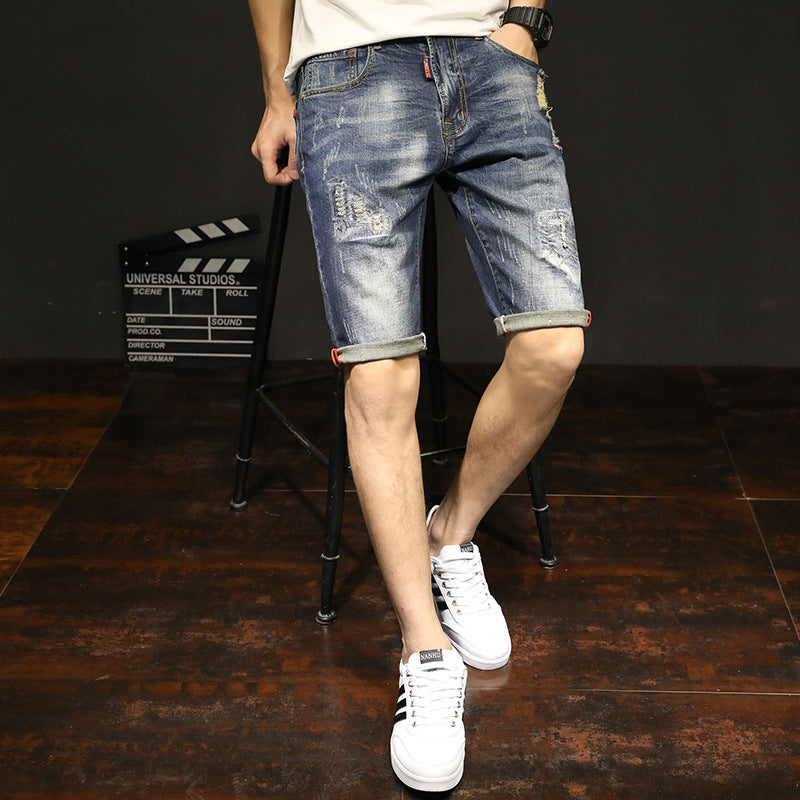 New Elastic Pants Summer Men''s Casual Jeans Korean Fashion Hole Cat Beard Straight Pants