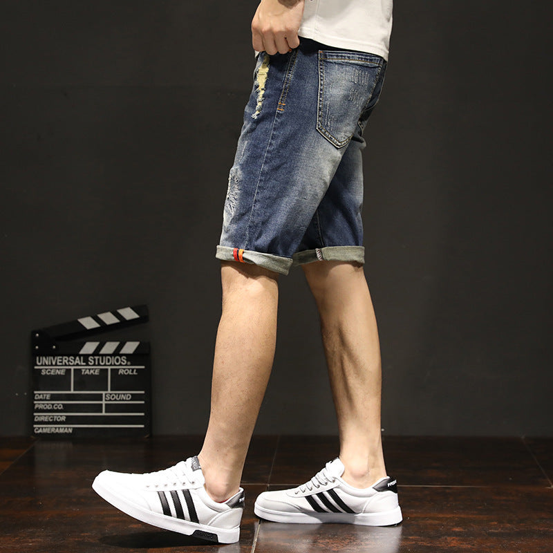 New Elastic Pants Summer Men''s Casual Jeans Korean Fashion Hole Cat Beard Straight Pants