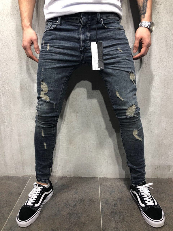 Customized models Europe and the United States high street tide men's hole jeans stretch large size pants slim pants Biker jeans