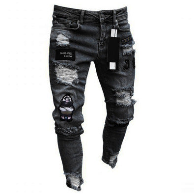 White High-end Denim Men's Trousers Cross-border Foreign Trade Hole Trend Black Slim Jeans Men