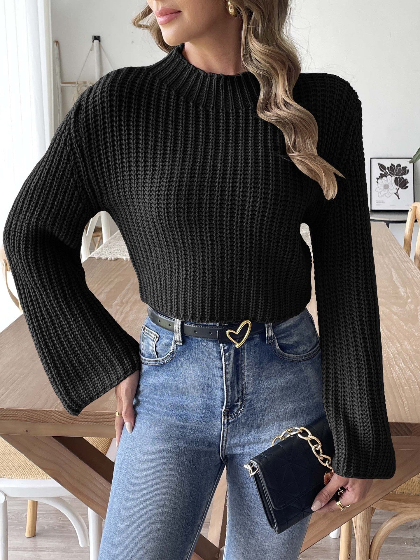 Women's Short Navel Woven Bell Sleeve Half Turtleneck Pullover