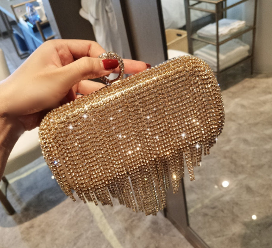 New shiny diamond ladies fringed hand bag bag bag bag night party party bride Xiekua package