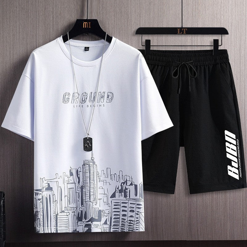 ***TWO PIECE SET*** Men's Fashion Printed Short-sleeved T-shirt Shorts Sports