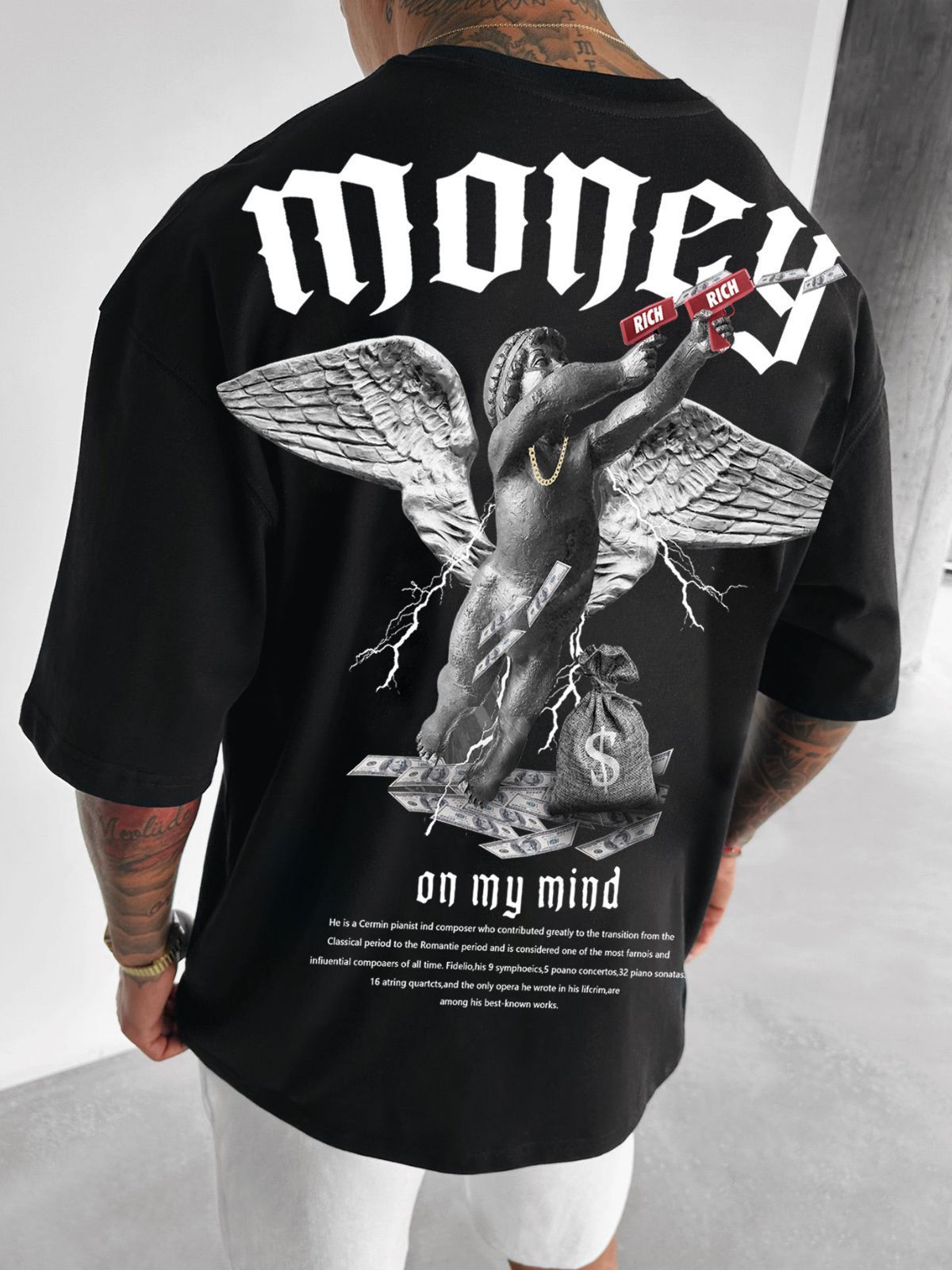 Men's Loose Money Angel Print Short Sleeve Round Neck Short Sleeve