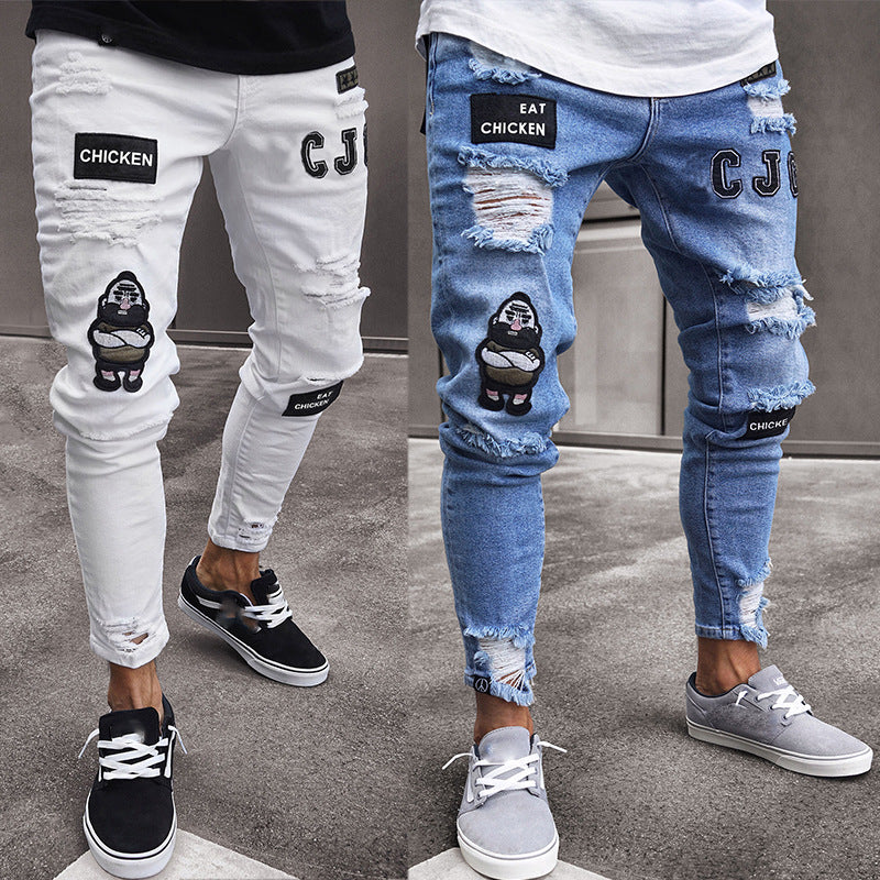 White High-end Denim Men's Trousers Cross-border Foreign Trade Hole Trend Black Slim Jeans Men