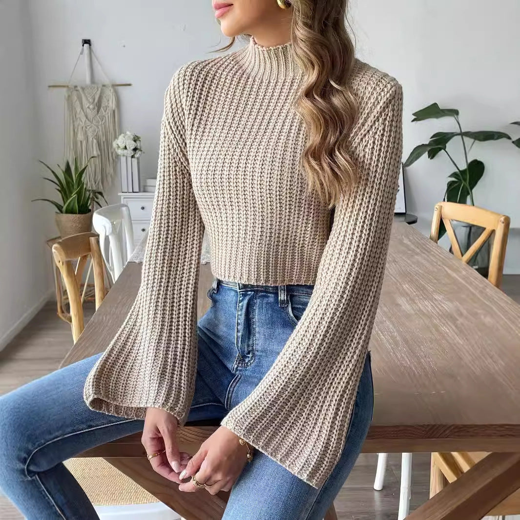 Women's Short Navel Woven Bell Sleeve Half Turtleneck Pullover