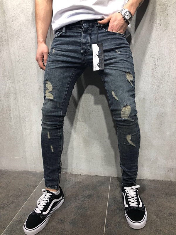 Customized models Europe and the United States high street tide men's hole jeans stretch large size pants slim pants Biker jeans