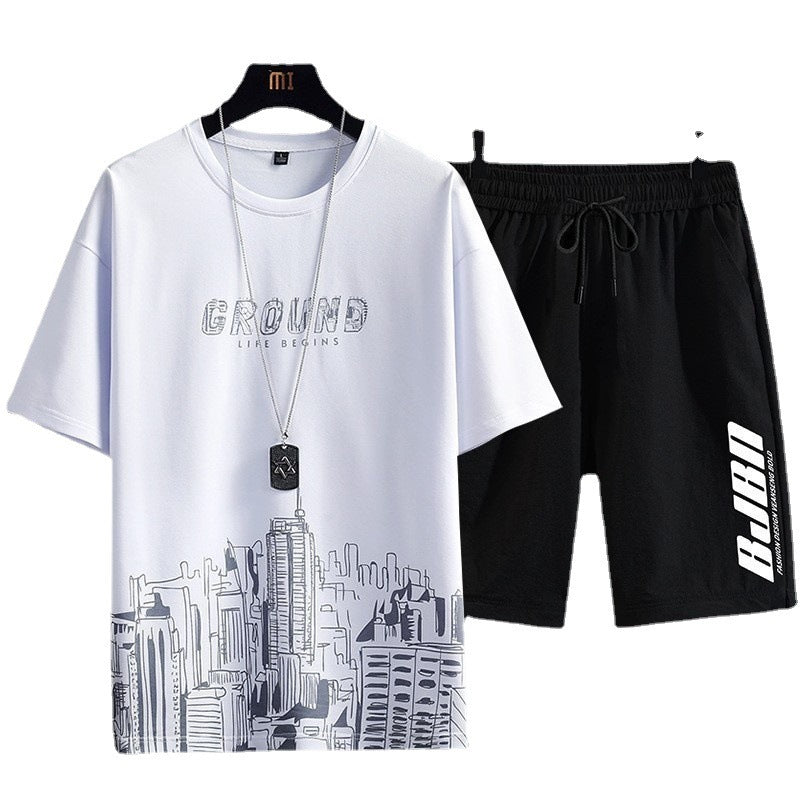 ***TWO PIECE SET*** Men's Fashion Printed Short-sleeved T-shirt Shorts Sports