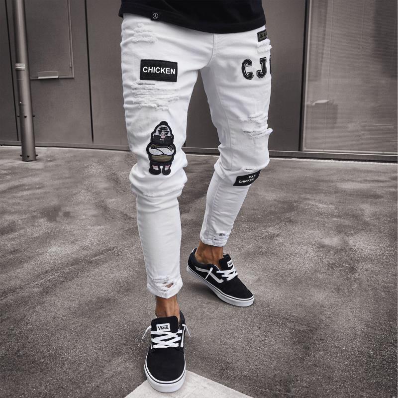 White High-end Denim Men's Trousers Cross-border Foreign Trade Hole Trend Black Slim Jeans Men