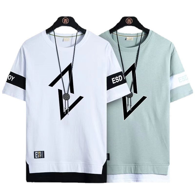 *** TWO PIECE *** Summer New Fake Printed Short-sleeved T-shirt Men Crew Neck Casual