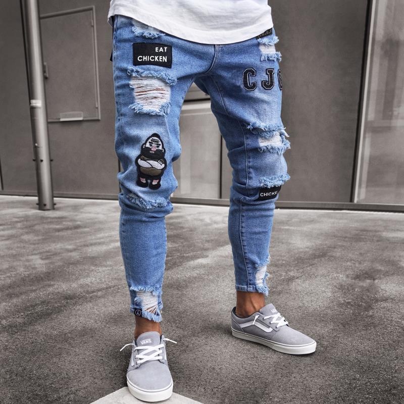 White High-end Denim Men's Trousers Cross-border Foreign Trade Hole Trend Black Slim Jeans Men