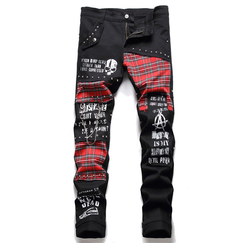 Stitching Patchwork Micro-elastic Rivet Hip Hop Pencil Pants Denim Trousers