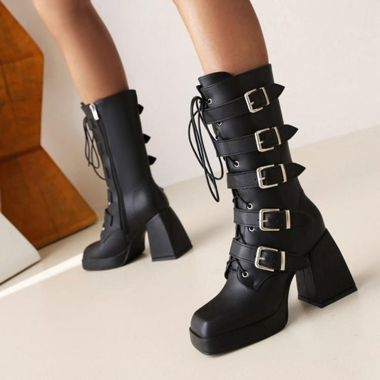 Fashion Ladies Square Toe But Knee  Ankle Boots