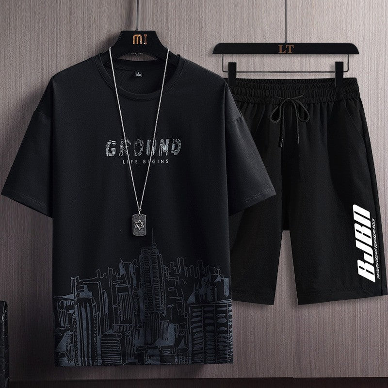 ***TWO PIECE SET*** Men's Fashion Printed Short-sleeved T-shirt Shorts Sports